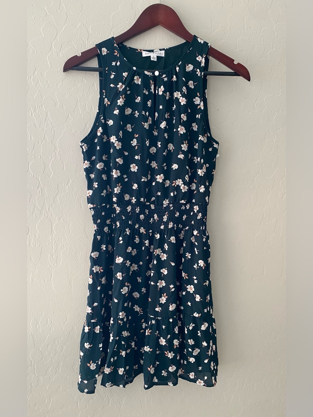 New Socialite Dark Green Floral Smocked Tiered Dress, Size S